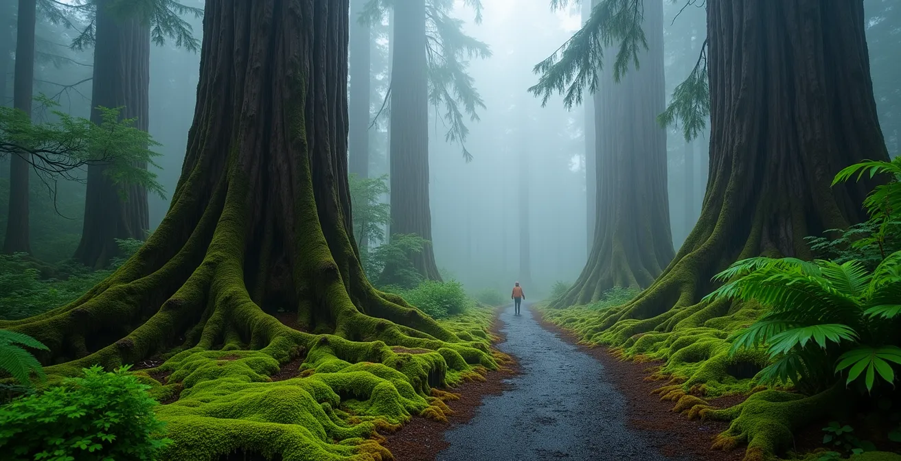 Moody winter storm scene in Tofino's old-growth forest with rain-soaked moss and dramatic atmosphere