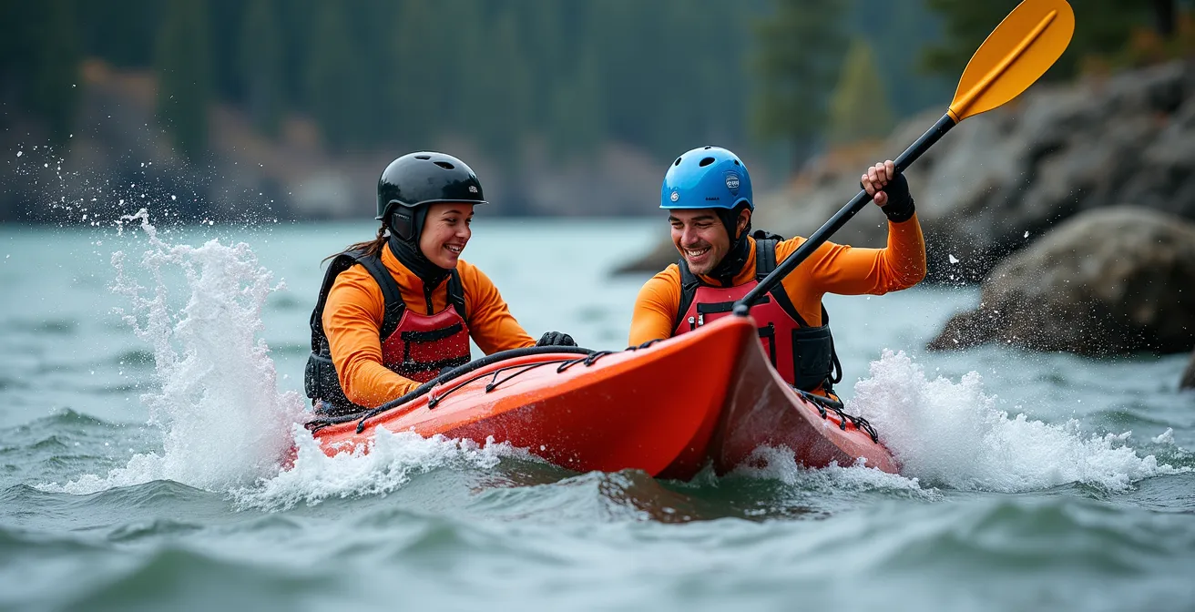Two kayakers performing assisted rescue technique in choppy ocean conditions