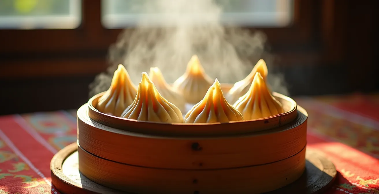 Steaming bamboo basket revealing pleated dumplings with vapor rising in warm light