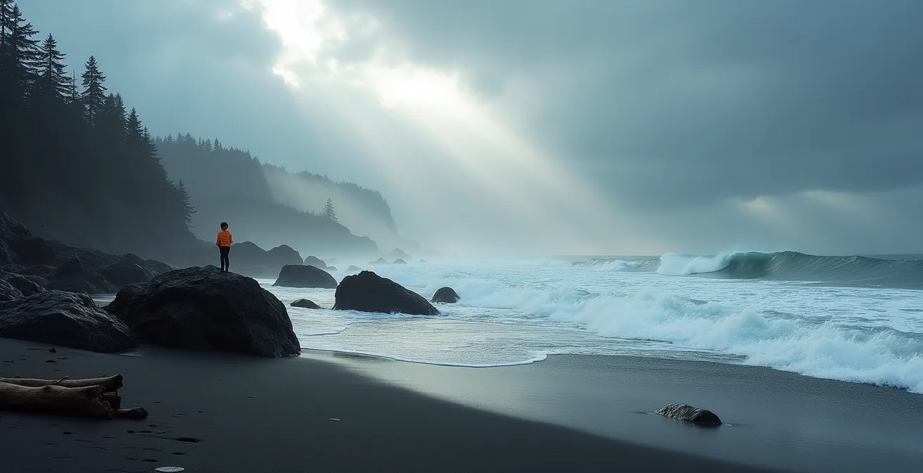 Dramatic storm waves crashing on Tofino's rocky coastline during winter storm watching season