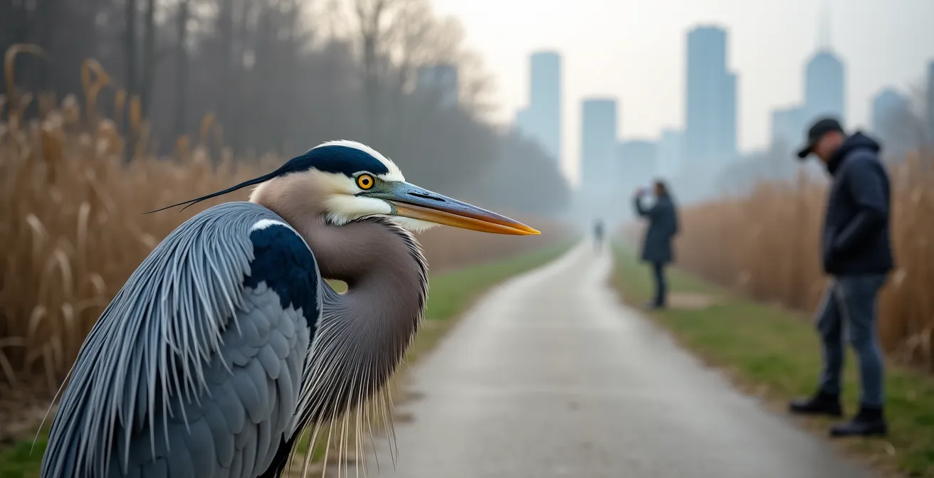 Wide paved trail with seated birdwatcher viewing herons against Toronto skyline