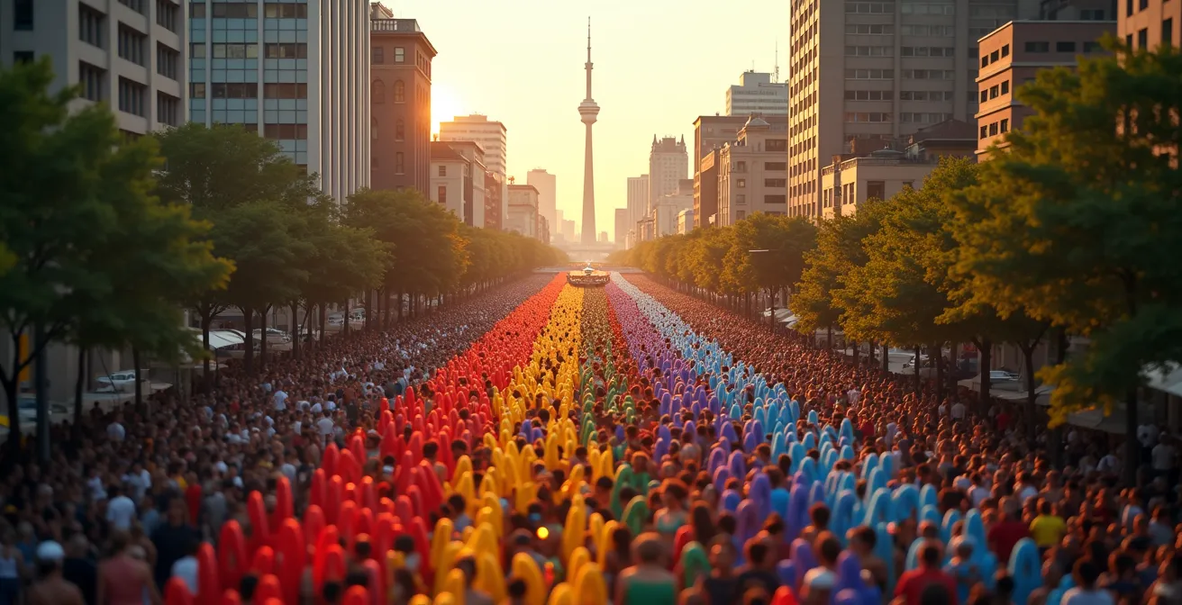 A wide aerial view of a colourful Toronto street festival, showing massive, diverse crowds filling the streets with the city skyline in the background.