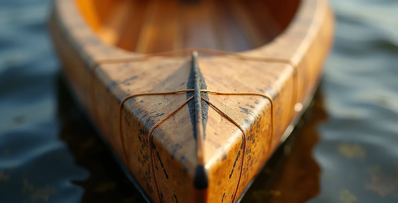 Macro close-up showing the intricate weaving pattern of birch bark transitioning to modern composite material