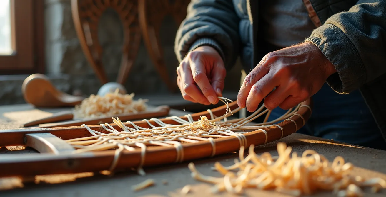 Close-up of traditional Ojibwe-style elongated snowshoes on deep powder snow in boreal forest