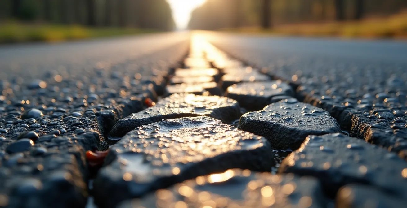 Road surface showing frost heave damage on Trans-Canada Highway during spring thaw