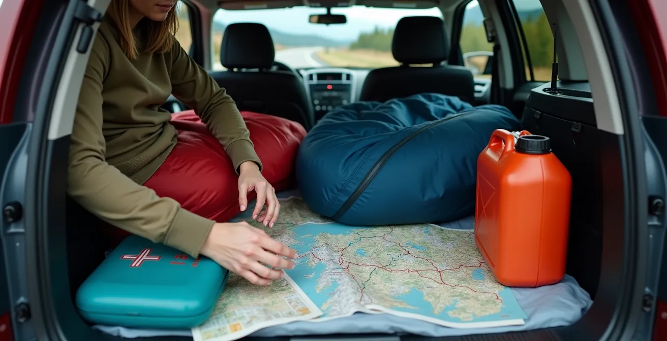 Vehicle trunk organized with emergency supplies for long-distance Canadian road trip