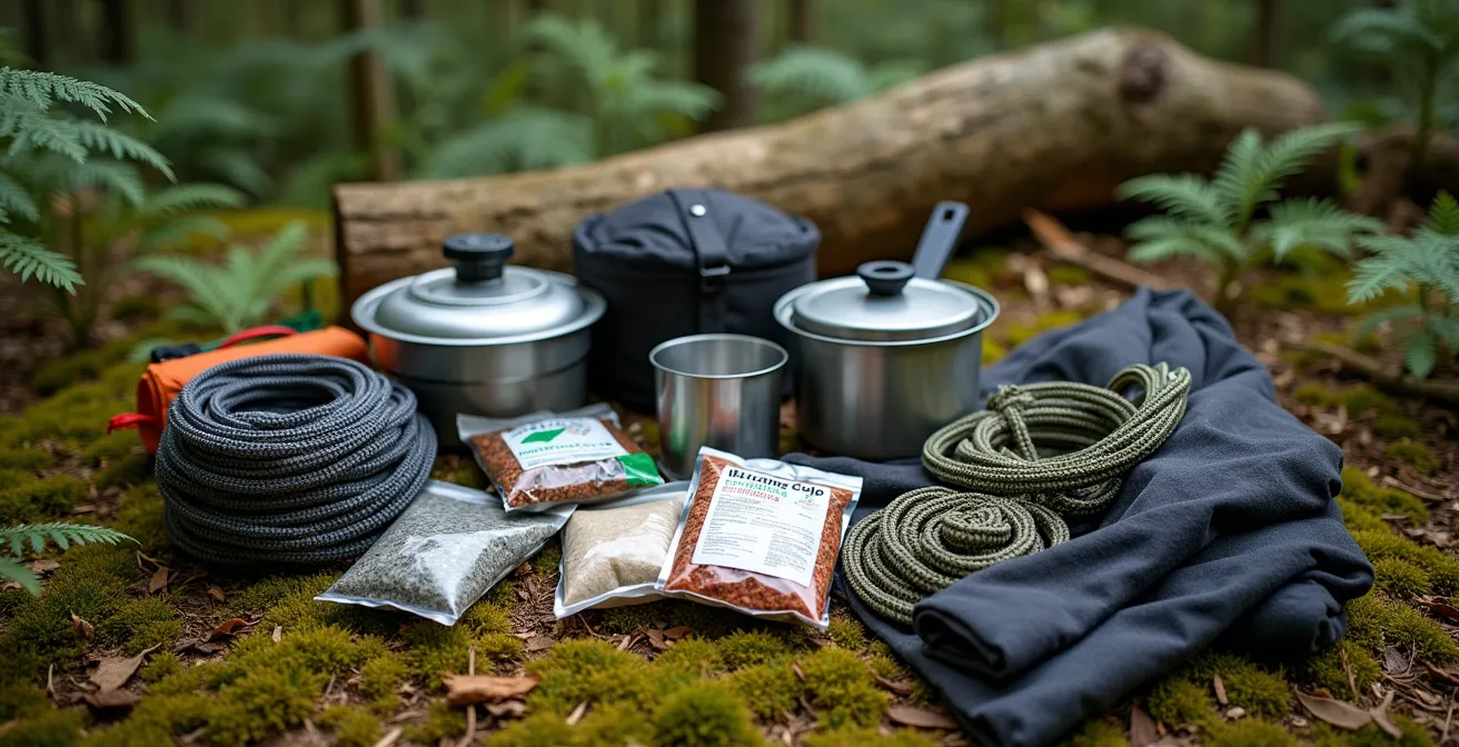 Organized ultralight camping gear spread on mossy forest floor