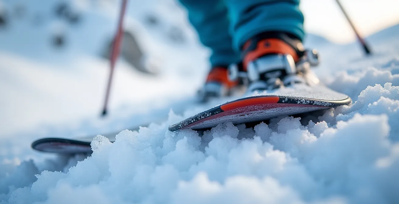 Ski tourers ascending snowy alpine valley with mountain hut visible on distant ridge
