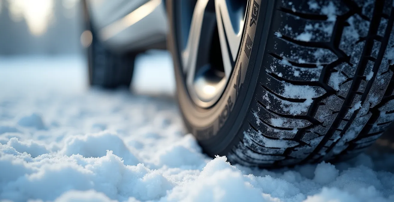Close-up macro shot of winter tire tread with 3PMSF mountain snowflake symbol