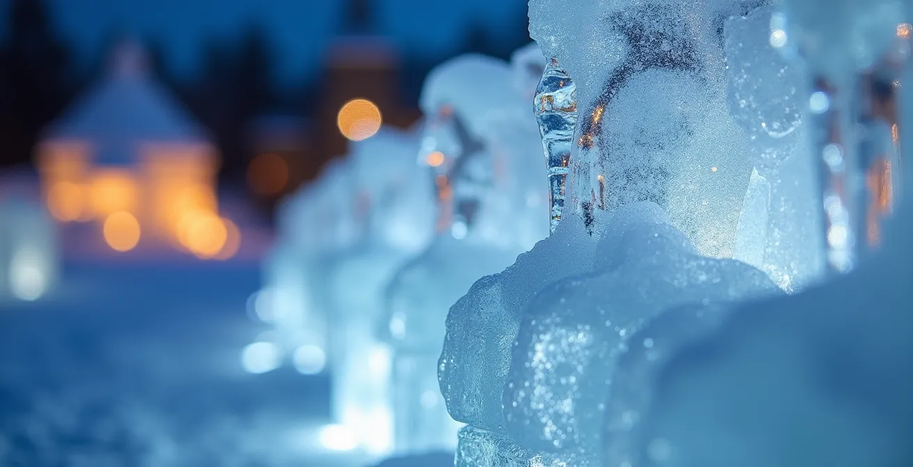 Crystal ice sculptures illuminated at dusk with museum buildings in background
