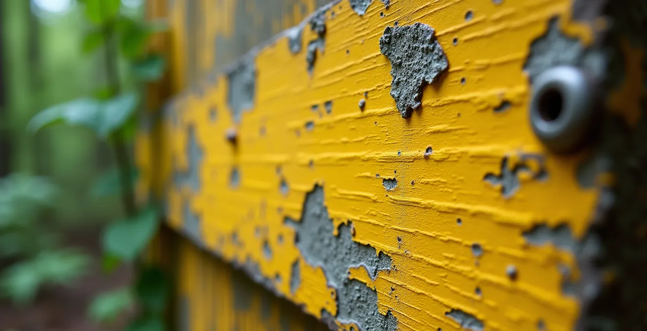 Yellow portage marker partially visible through forest vegetation at water's edge