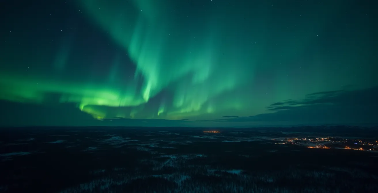 Aerial night view comparing the distant lights of Yellowknife and Whitehorse under a vast aurora display.