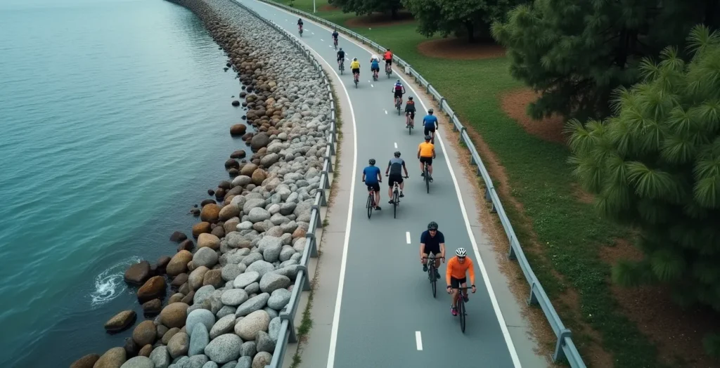 Aerial view of cyclists following one-way path around Stanley Park Seawall Aerial view of cyclists following one-way path around Stanley Park Seawall